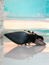 Black Pearl Rivet Pointed Toe Slip-On Crystal Block Heel Black Pumps